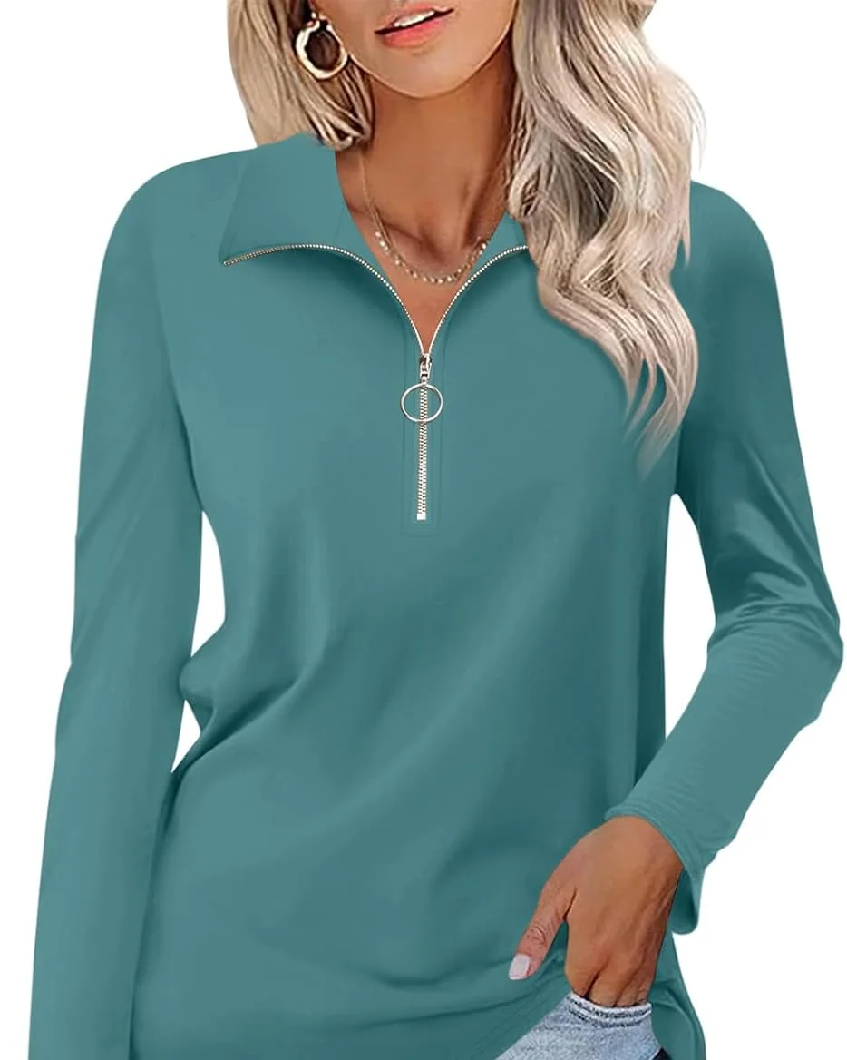 Minetom Womens Long Sleeve Shirts 1/4 Zipper Pullover V Neck Collar Tops, Blue Green, Small, photo 8