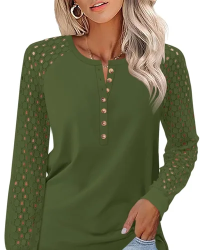 Minetom Women's Lace Long Sleeve Tops Henley Shirts Casual Blouses Tees, thumbnail 9
