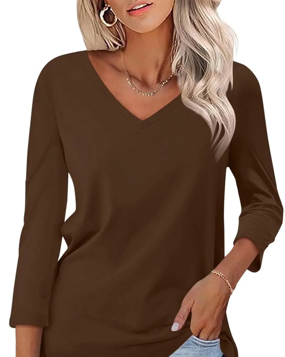 Minetom Women's 3/4 Length Sleeve Tops V Neck T Shirts Casual Basic Tees, Coffee, Small, photo 1