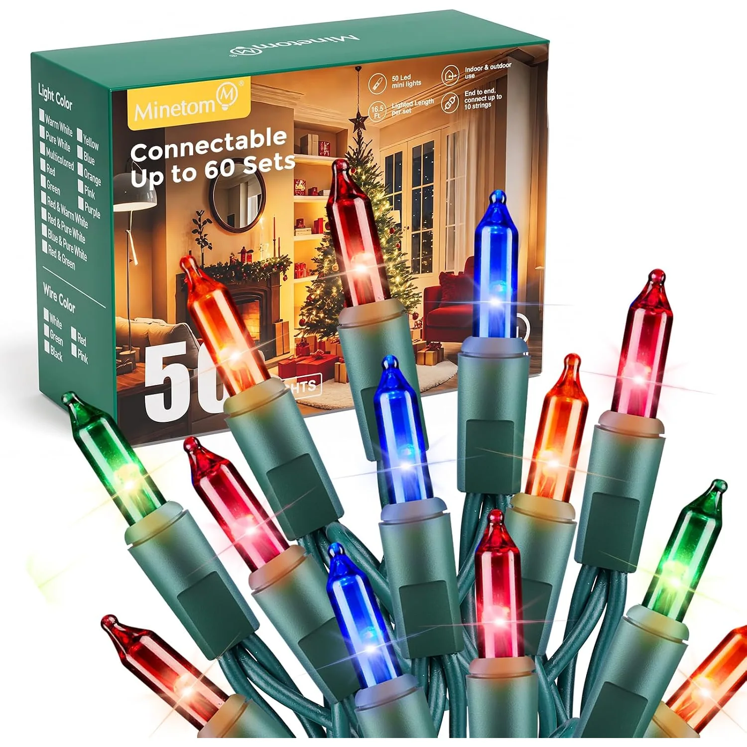 Minetom LED Clear Christmas String Lights, Multicolo-Green Wire, 50 Count-10 ft, photo 9