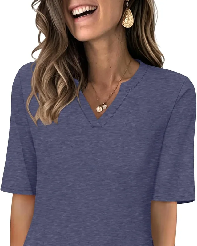 Minetom Women's V Neck T Shirts Half Sleeve Tees Casual Summer Fall Tops Navy