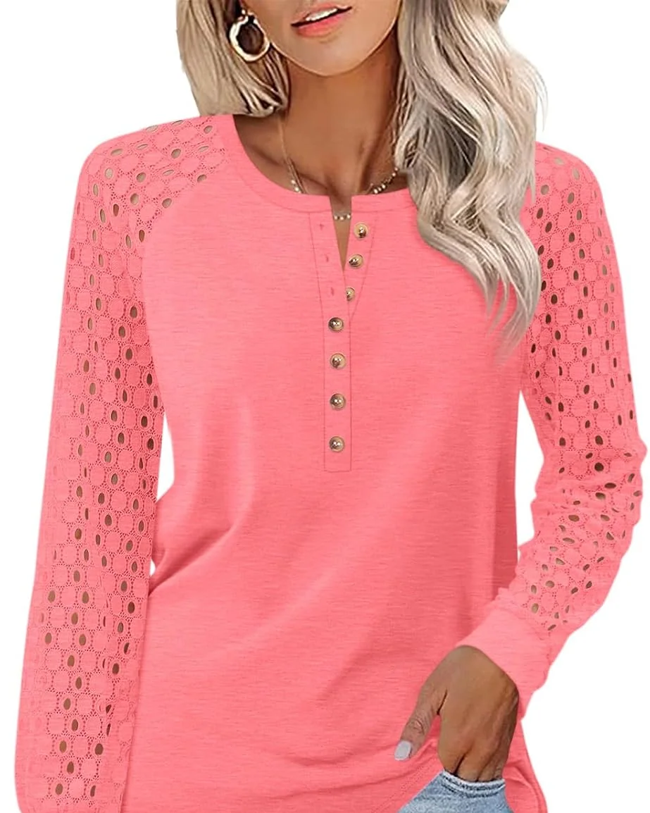 Minetom Women's Lace Long Sleeve Tops Henley Shirts Casual Blouses Tees, Coral, XX-Large, photo 31