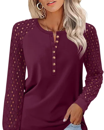 Minetom Women's Lace Long Sleeve Tops Henley Shirts Casual Blouses Tees, thumbnail 7
