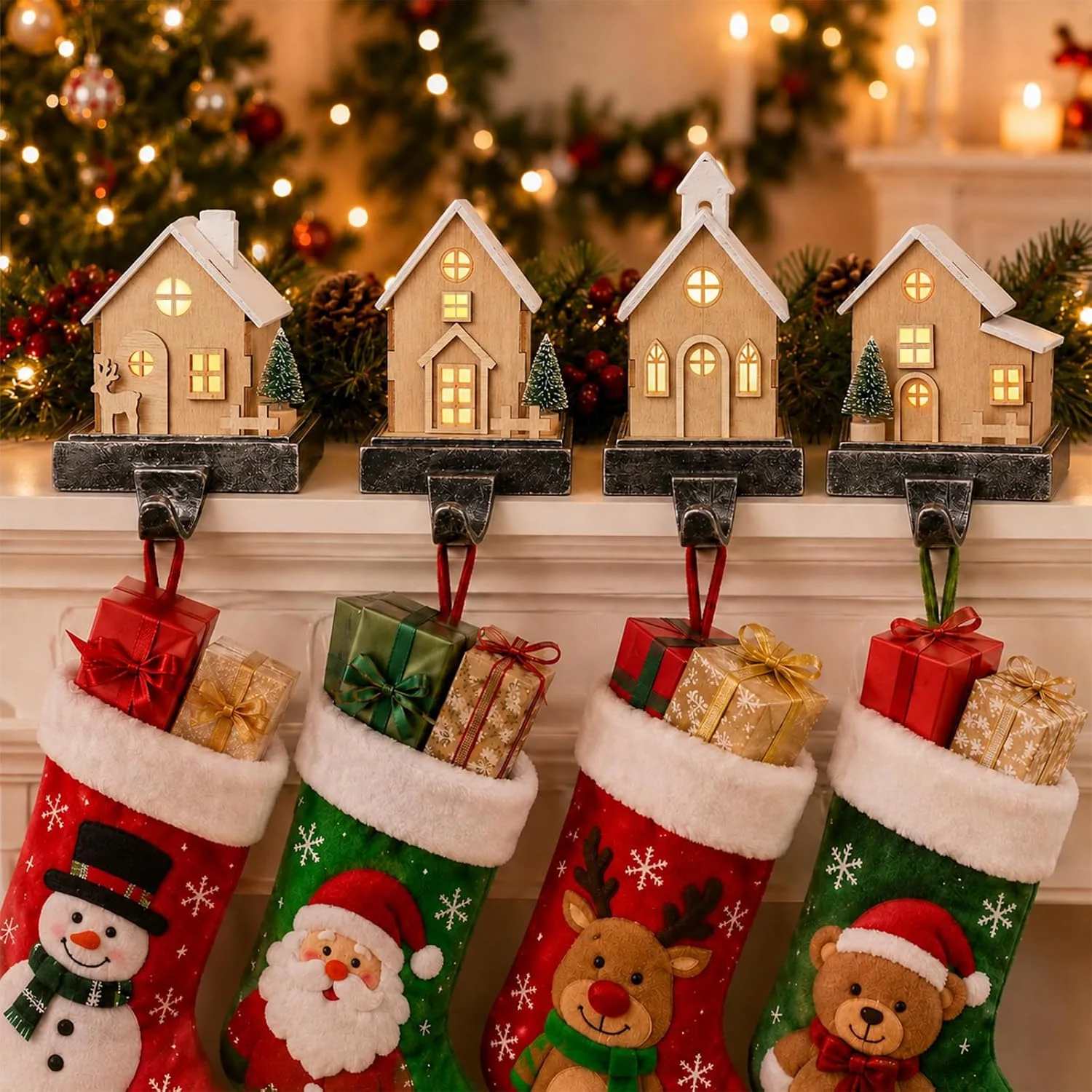 Minetom Wooden House Stocking Holders for Mantle, photo 1