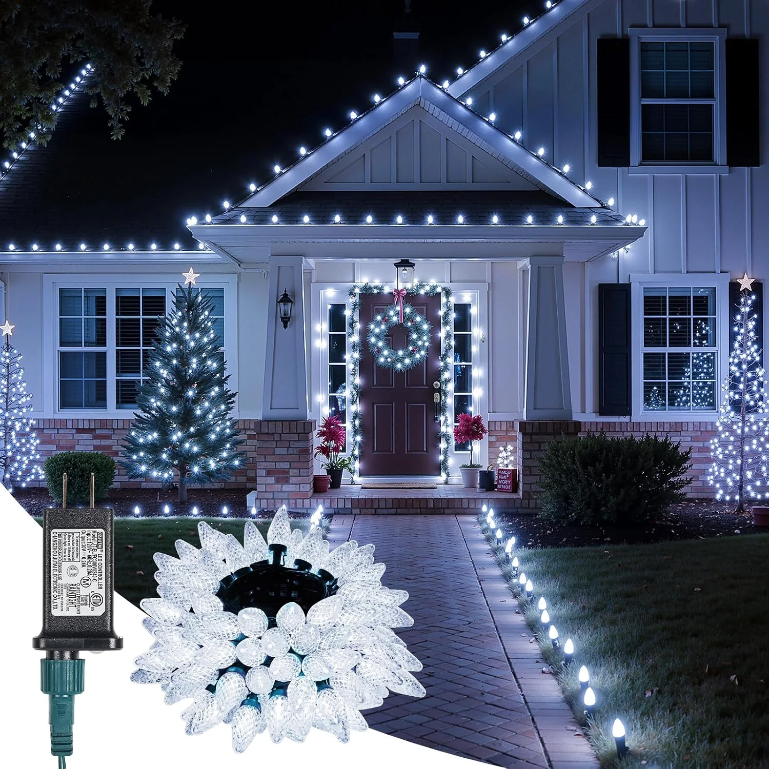 Minetom C9 Christmas Lights Outdoor, 85FT 110LED String Lights with 8 Lighting, Pure White, 1 Pack, photo 1