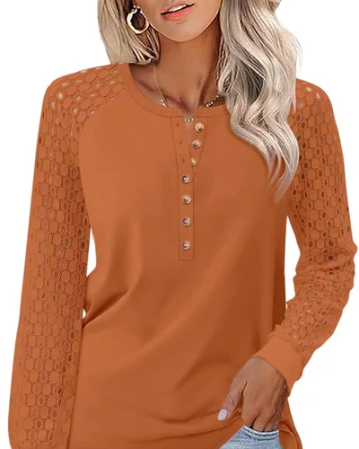 Minetom Women's Lace Long Sleeve Tops Henley Shirts Casual Blouses Tees, thumbnail 12