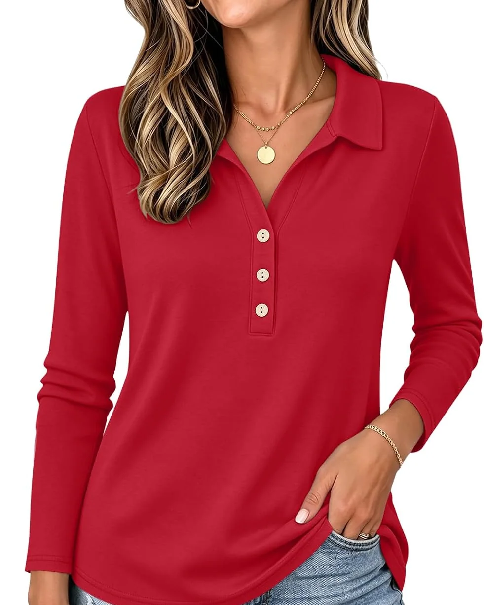 Minetom Womens Long Sleeve Tops Collared Button Up Shirts, Red, Small, photo 1