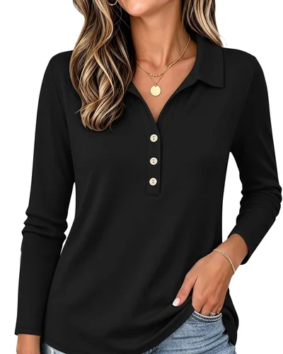Minetom Womens Long Sleeve Tops Collared Button Up Shirts, thumbnail 8
