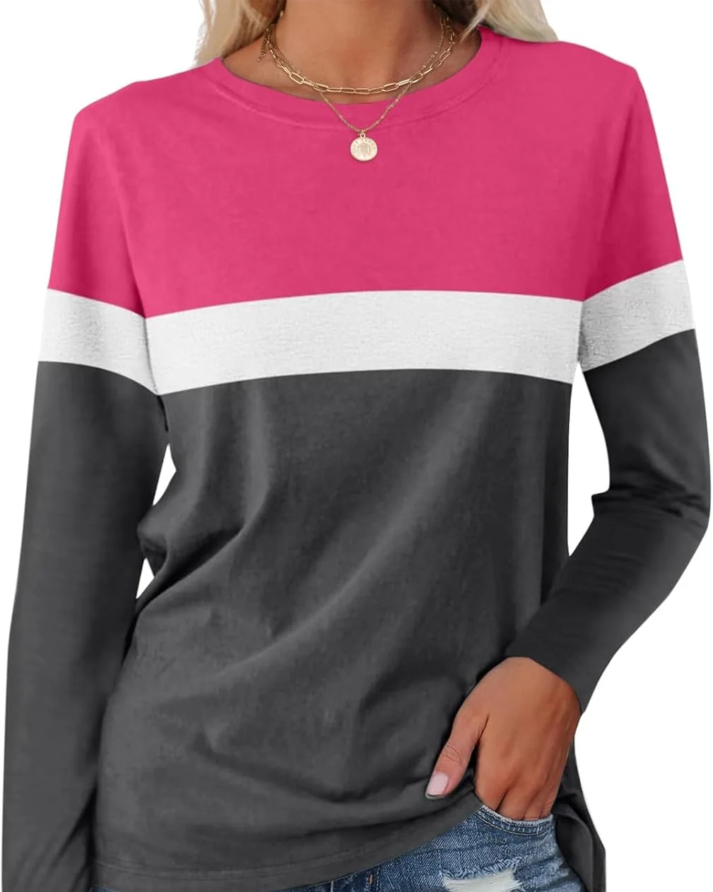 Minetom Women's Color Block Tunic Tops Casual Long Sleeve Shirts Round Neck, Pink-white-charcoal, Small, photo 12