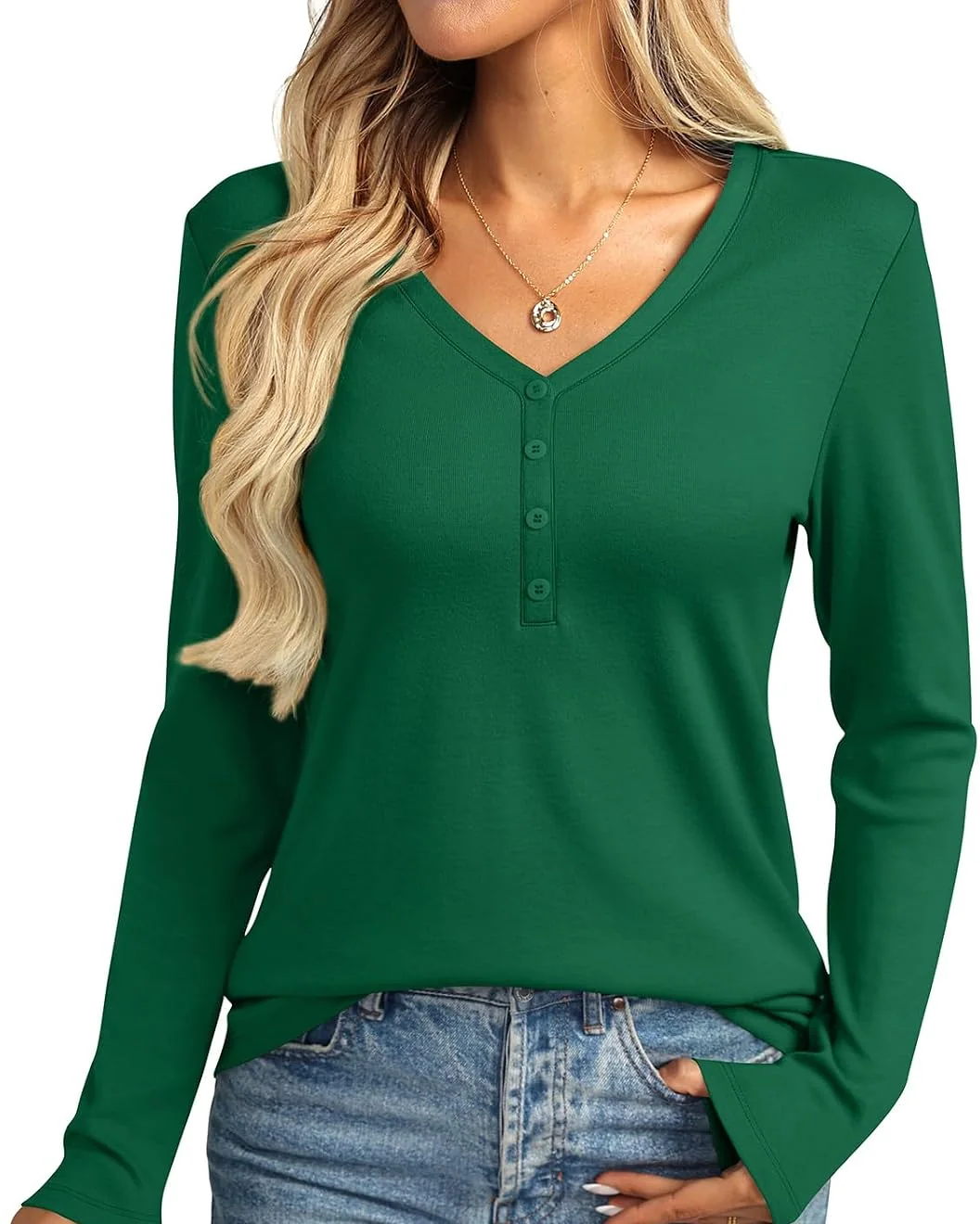 Minetom Womens Long Sleeve Tops Henley V Neck Tees Button Up Shirts Basic, Green, Small, photo 18