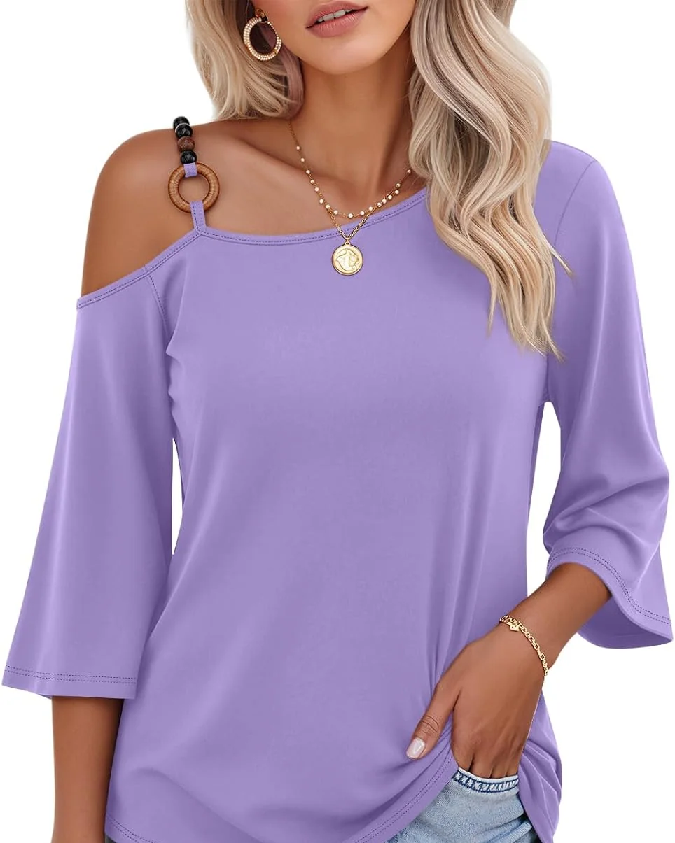 Minetom Women's Off the Shoulder Tops 3 4 Sleeve V Neck T Shirts Fall Tee, Purple, Small, photo 10