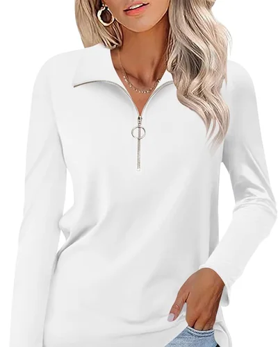 Minetom Womens Long Sleeve Shirts 1/4 Zipper Pullover V Neck Collar Tops, thumbnail 6