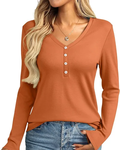 Minetom Womens Long Sleeve Tops Henley V Neck Tees Button Up Shirts Basic, thumbnail 19