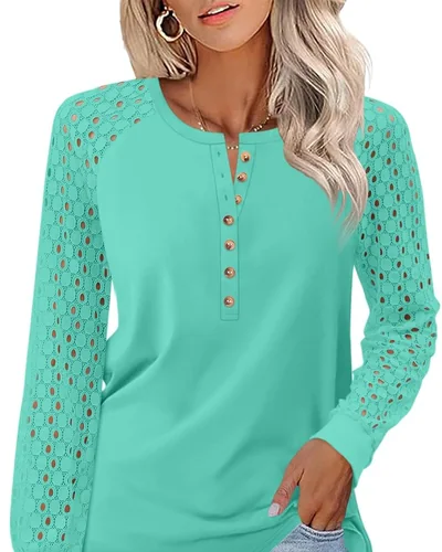 Minetom Women's Lace Long Sleeve Tops Henley Shirts Casual Blouses Tees, thumbnail 6