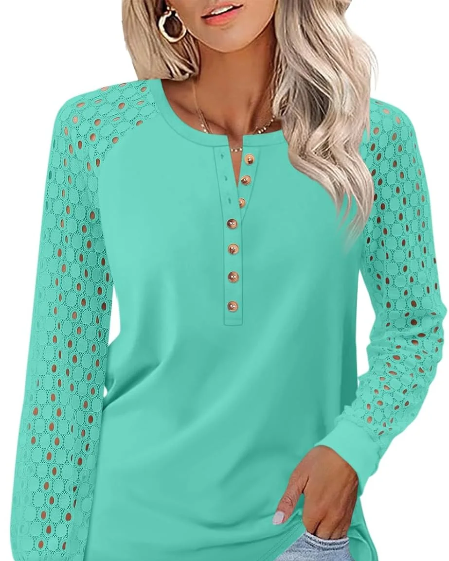 Minetom Women's Lace Long Sleeve Tops Henley Shirts Casual Blouses Tees, Lake Green, Small, photo 6