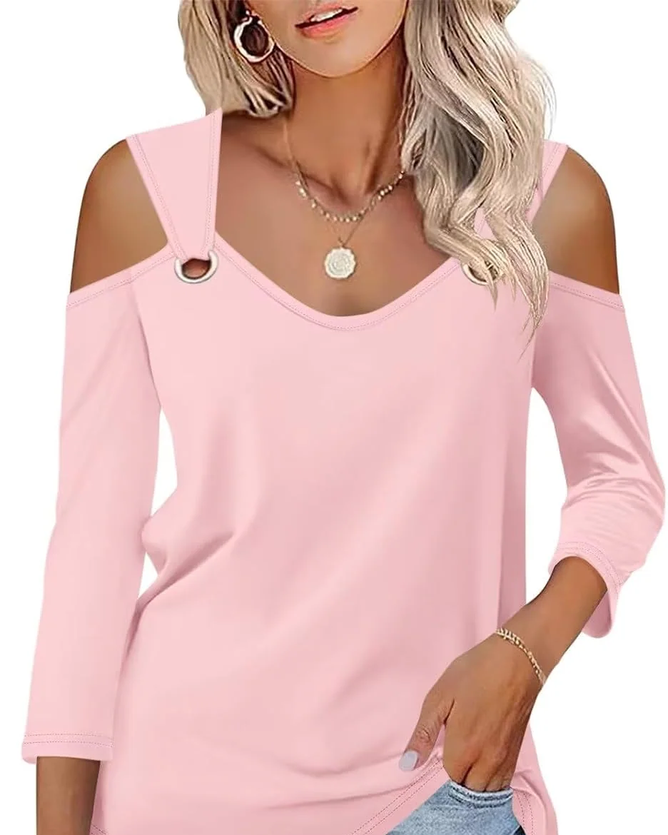 Minetom Women's V Neck 3/4 Sleeve Shirts Cold Shoulder Tops 2026 Fall Tees, Pink, X-Large, photo 23