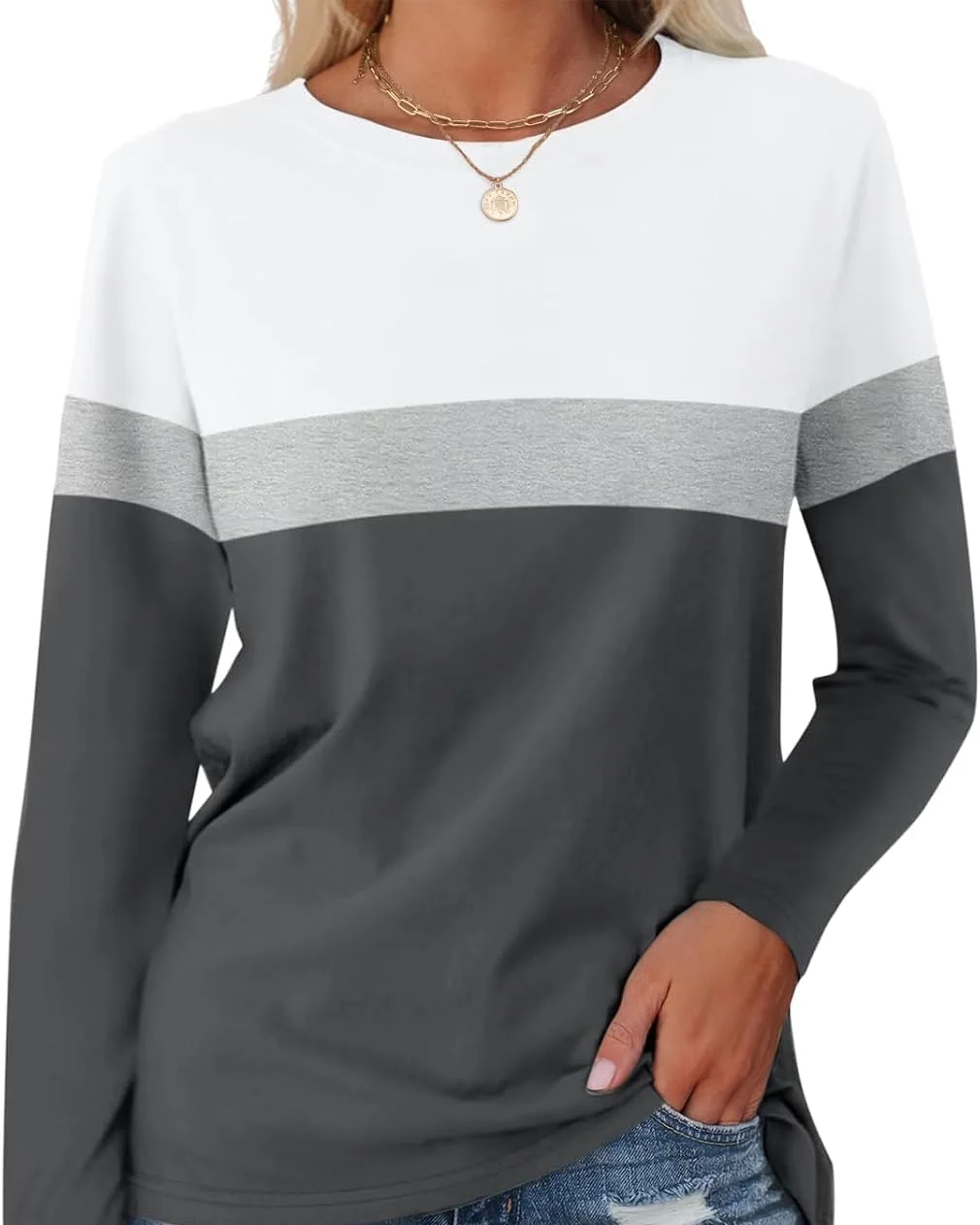 Minetom Women's Color Block Tunic Tops Casual Long Sleeve Shirts Round Neck, White-gray-charcoal, Small, photo 7