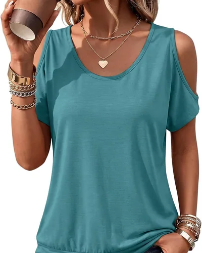 Minetom Womens Cold Shoulder Tops Banded Bottom Shirts Short Sleeve Shirts, thumbnail 7