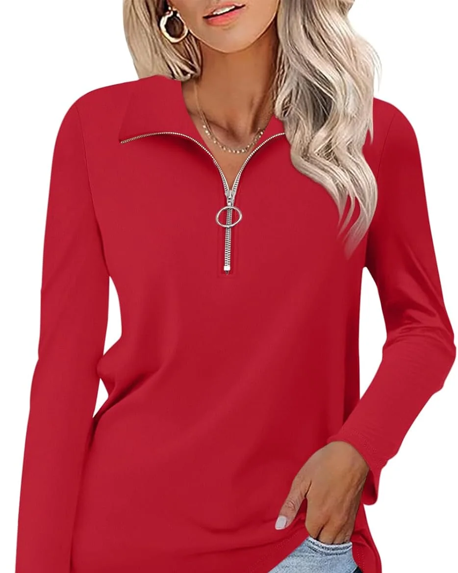 Minetom Womens Long Sleeve Shirts 1/4 Zipper Pullover V Neck Collar Tops, Red, Small, photo 7