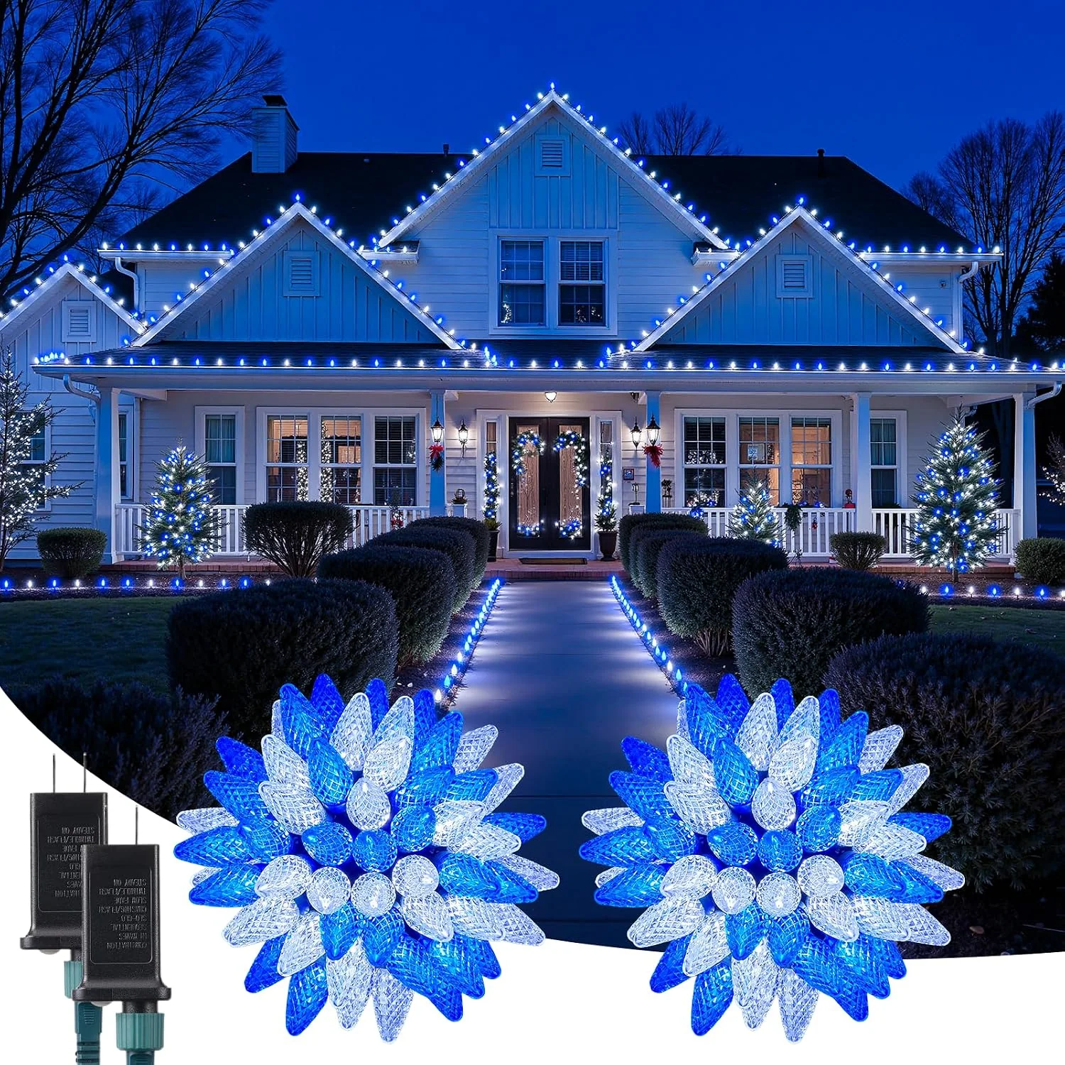 Minetom C9 Christmas Lights Outdoor, 72 FT 110 LED C9 String Lights, Blue & White, 110 LED*2 Pack, photo 2