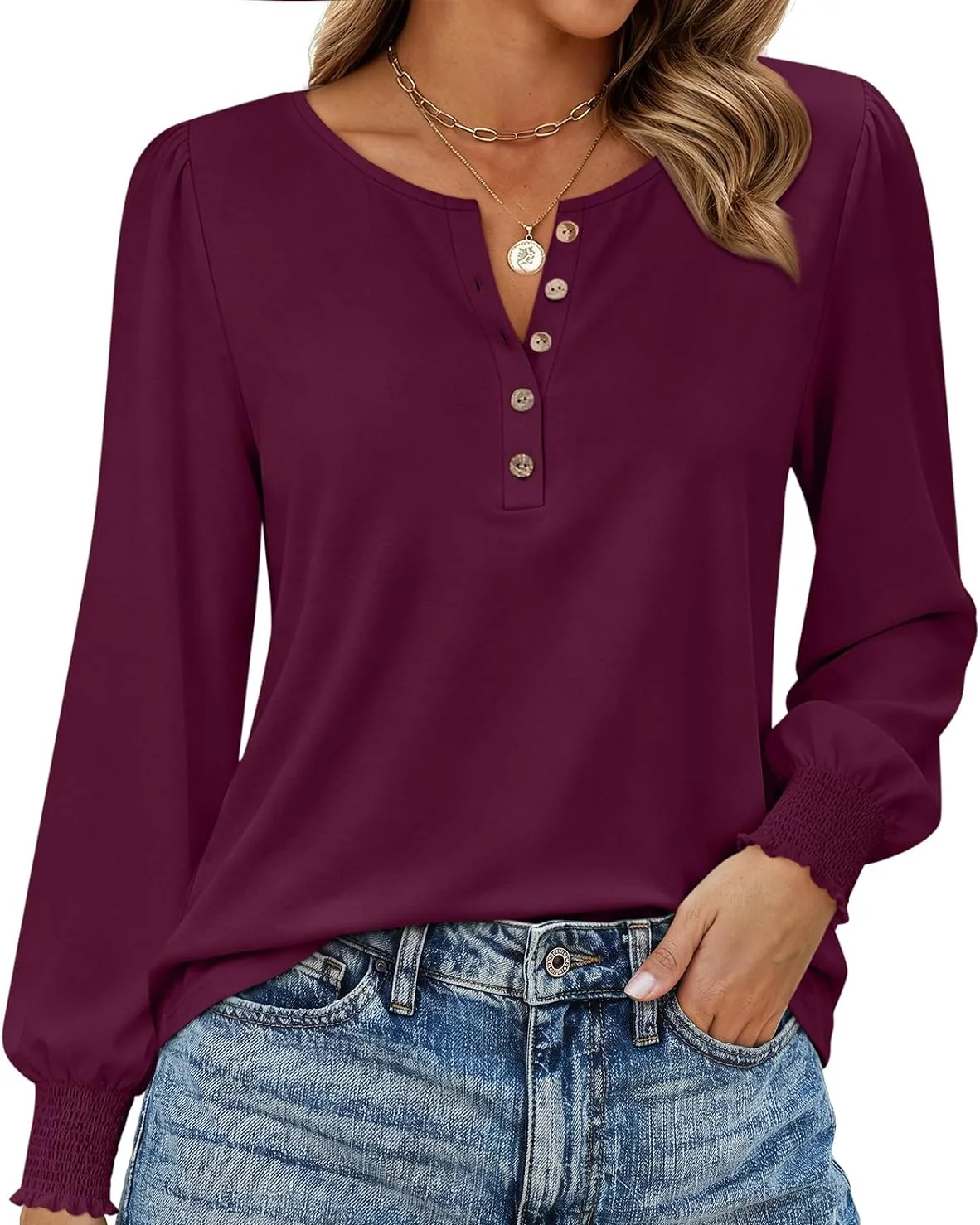 Minetom Womens Long Sleeve Shirts Henley Button Up Blouse 2026 Fall Tops, Wine Red, Medium, photo 16