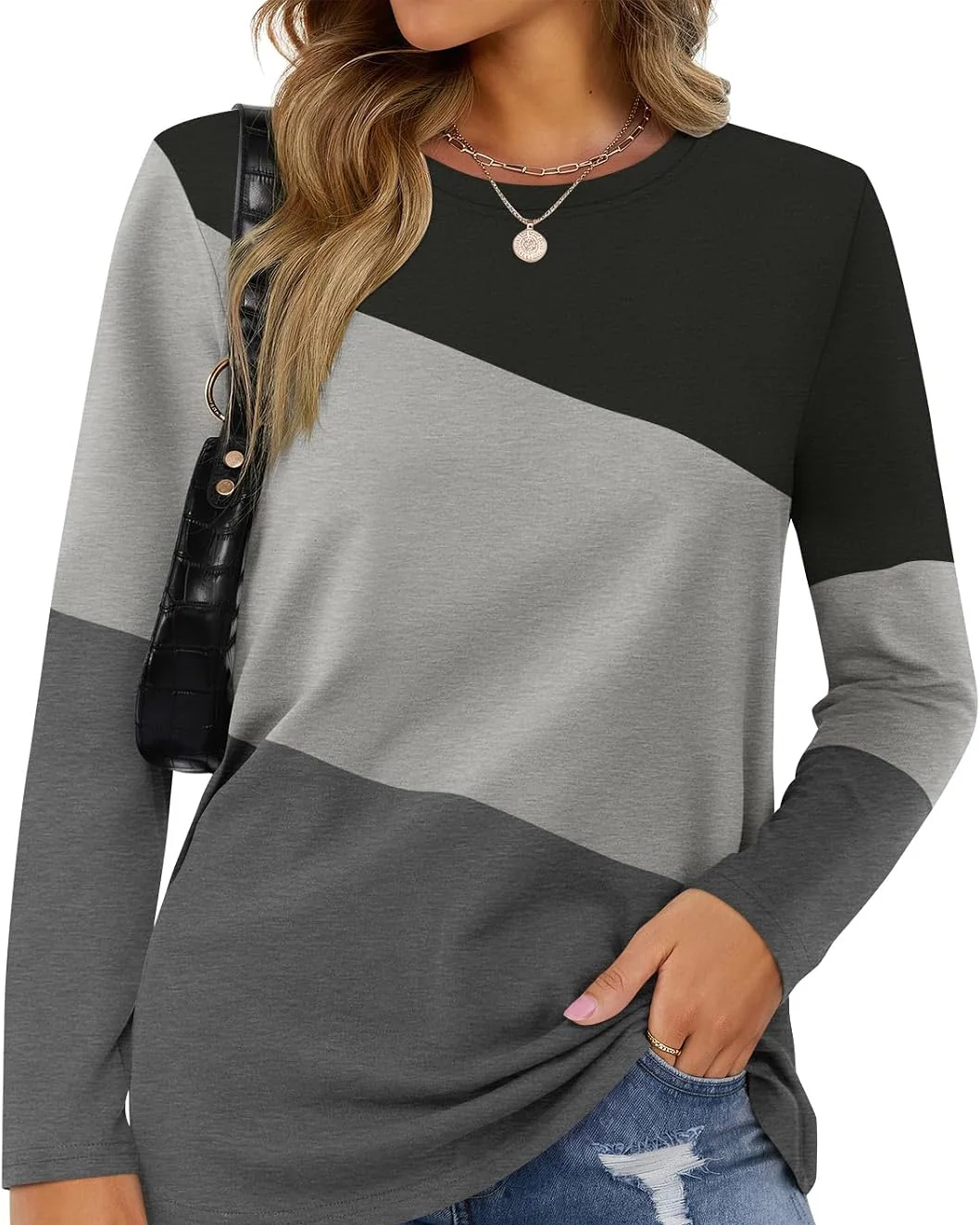 Minetom Women's Color Block Tops Casual Long Sleeve Shirts Pullover Tunic, Black-gray-charcoal, Small, photo 17