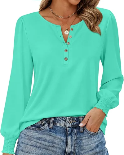 Minetom Womens Long Sleeve Shirts Henley Button Up Blouse 2026 Fall Tops, thumbnail 8