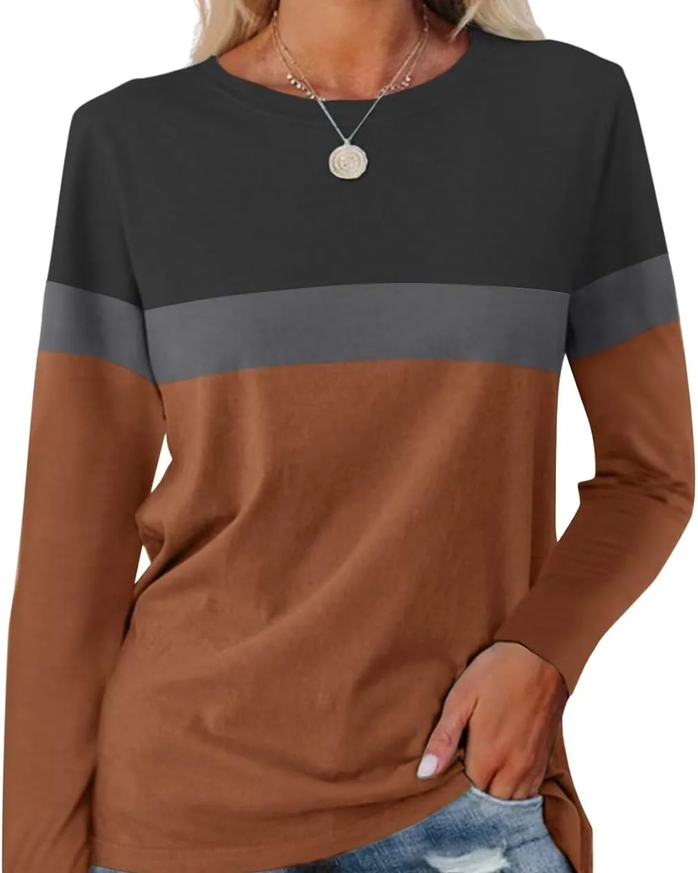 Minetom Women's Color Block Tunic Tops Casual Long Sleeve Shirts Round Neck, A-black-charcoal-rust, Large, photo 20