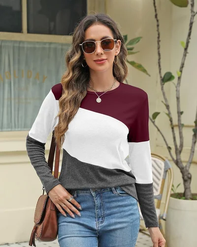 Minetom Women's Color Block Tops Casual Long Sleeve Shirts Pullover Tunic, thumbnail 4