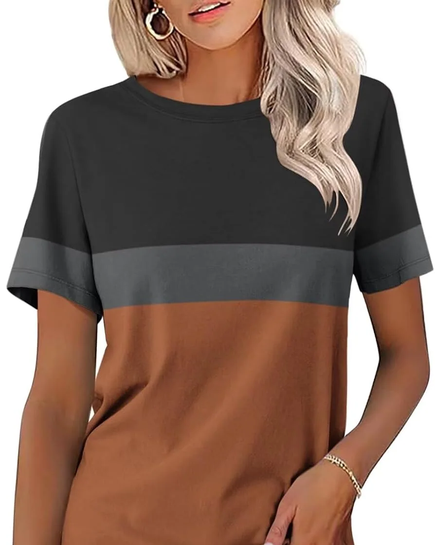 Minetom Womens Color Block T Shirts Short Sleeve Tops Summer Tees, Black-charcoal-brown, Small, photo 9