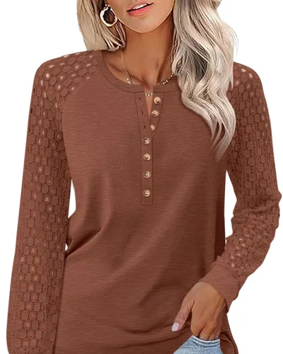 Minetom Women's Lace Long Sleeve Tops Henley Shirts Casual Blouses Tees, thumbnail 23