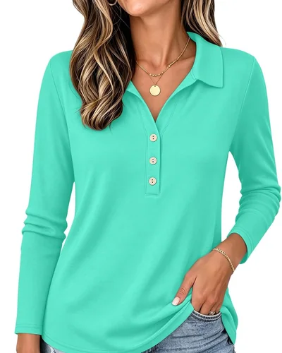 Minetom Womens Long Sleeve Tops Collared Button Up Shirts, thumbnail 13