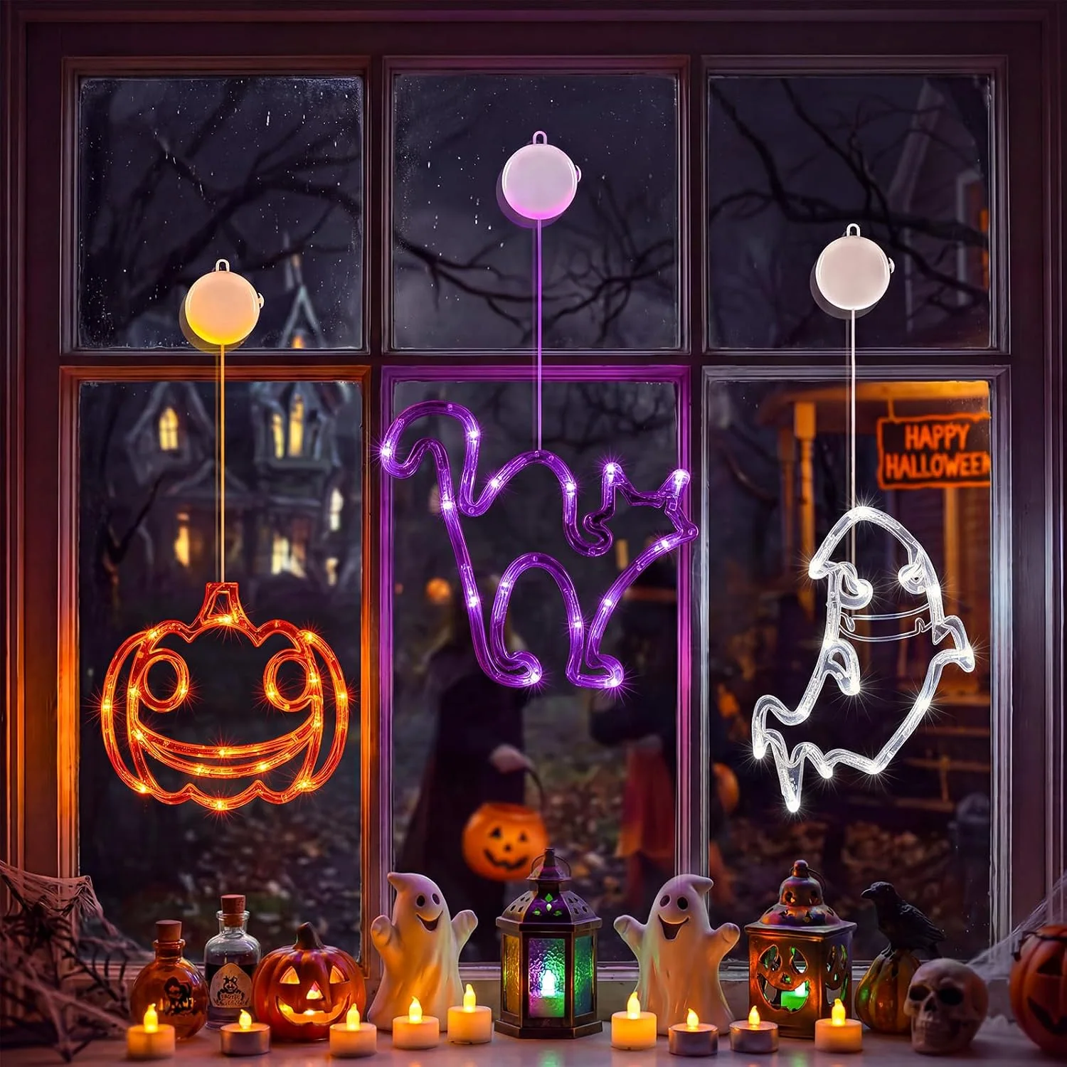 Minetom 3 Pack Halloween Windows Lights, Pumpkin/Ghost/Cat, photo 1