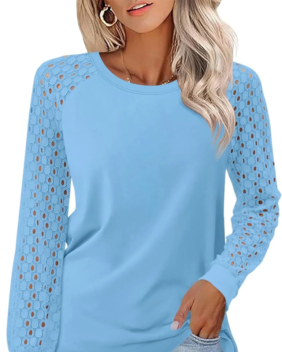 Minetom Womens Lace Tops Long Sleeve Shirts Dressy Casual Blouses Trendy, Blue, X-Large, photo 1