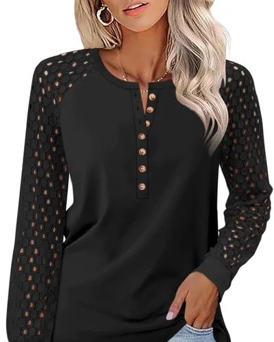 Minetom Women's Lace Long Sleeve Tops Henley Shirts Casual Blouses Tees, thumbnail 11