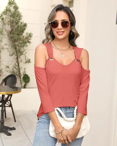 Minetom Women's V Neck 3/4 Sleeve Shirts Cold Shoulder Tops 2026 Fall Tees, thumbnail 5
