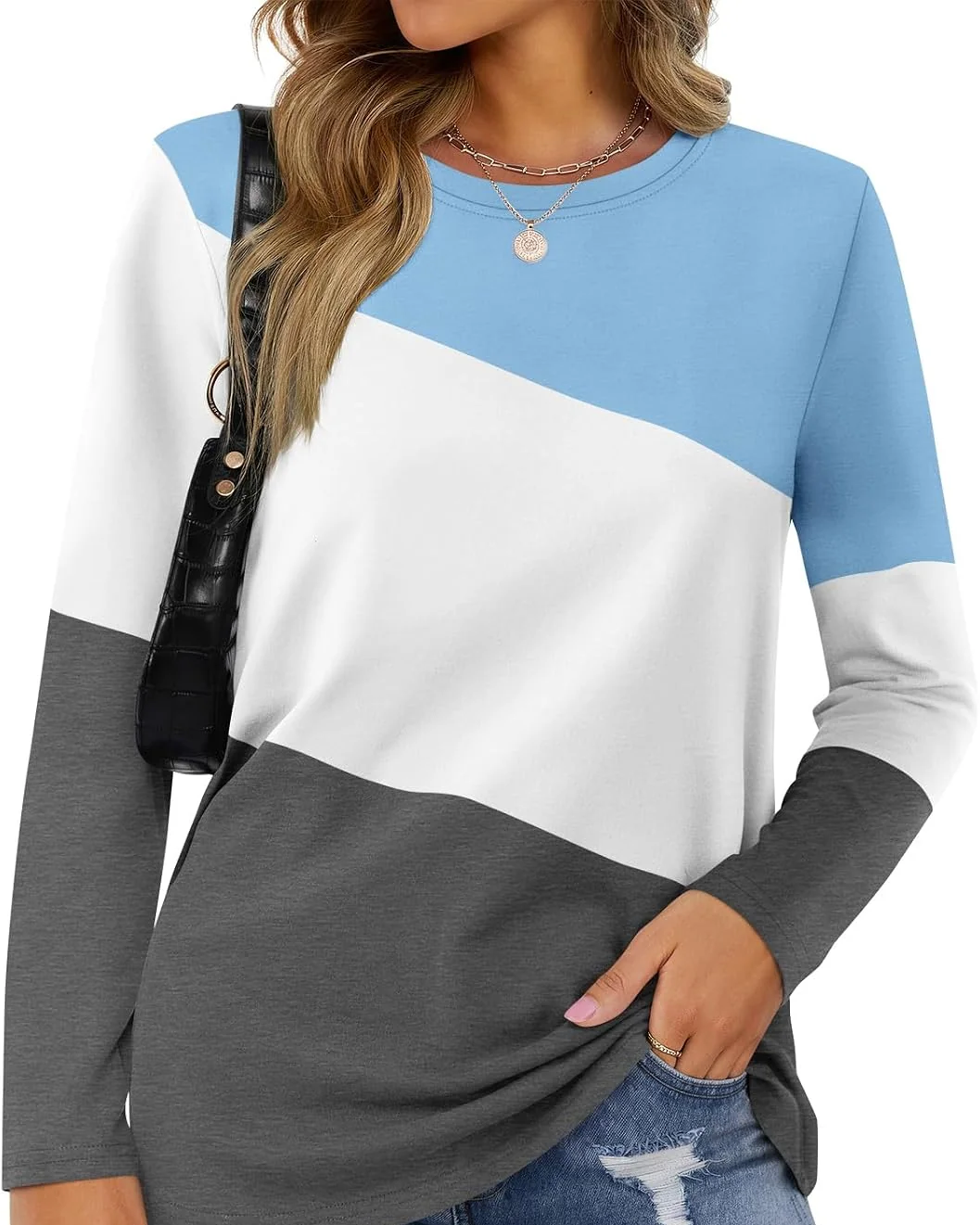 Minetom Women's Color Block Tops Casual Long Sleeve Shirts Pullover Tunic, Blue-white-charcoal, Small, photo 10