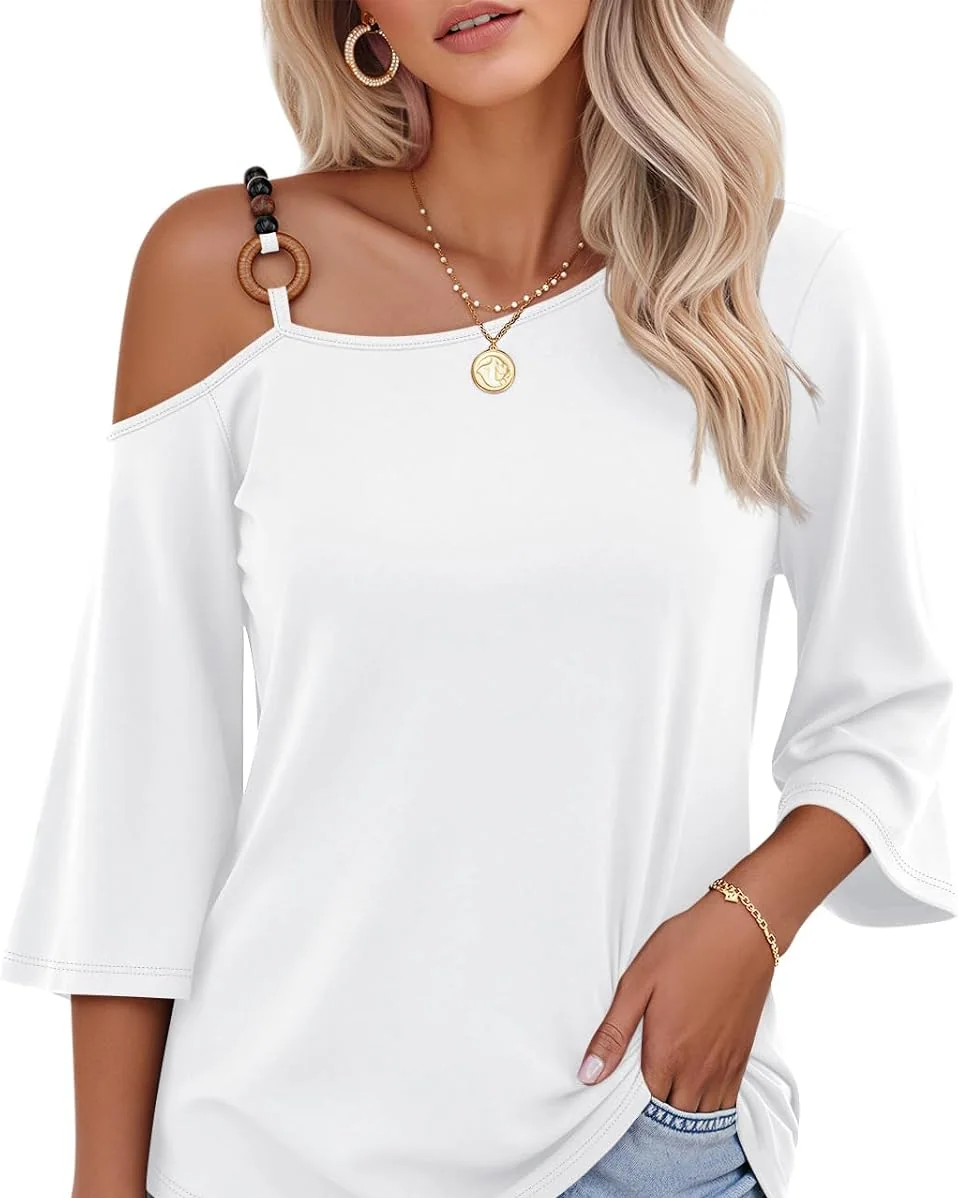 Minetom Women's Off the Shoulder Tops 3 4 Sleeve V Neck T Shirts Fall Tee, White, Small, photo 11