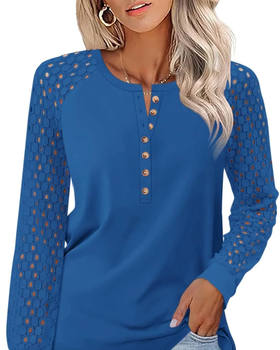 Minetom Women's Lace Long Sleeve Tops Henley Shirts Casual Blouses Tees, Dark Blue, Small, photo 20