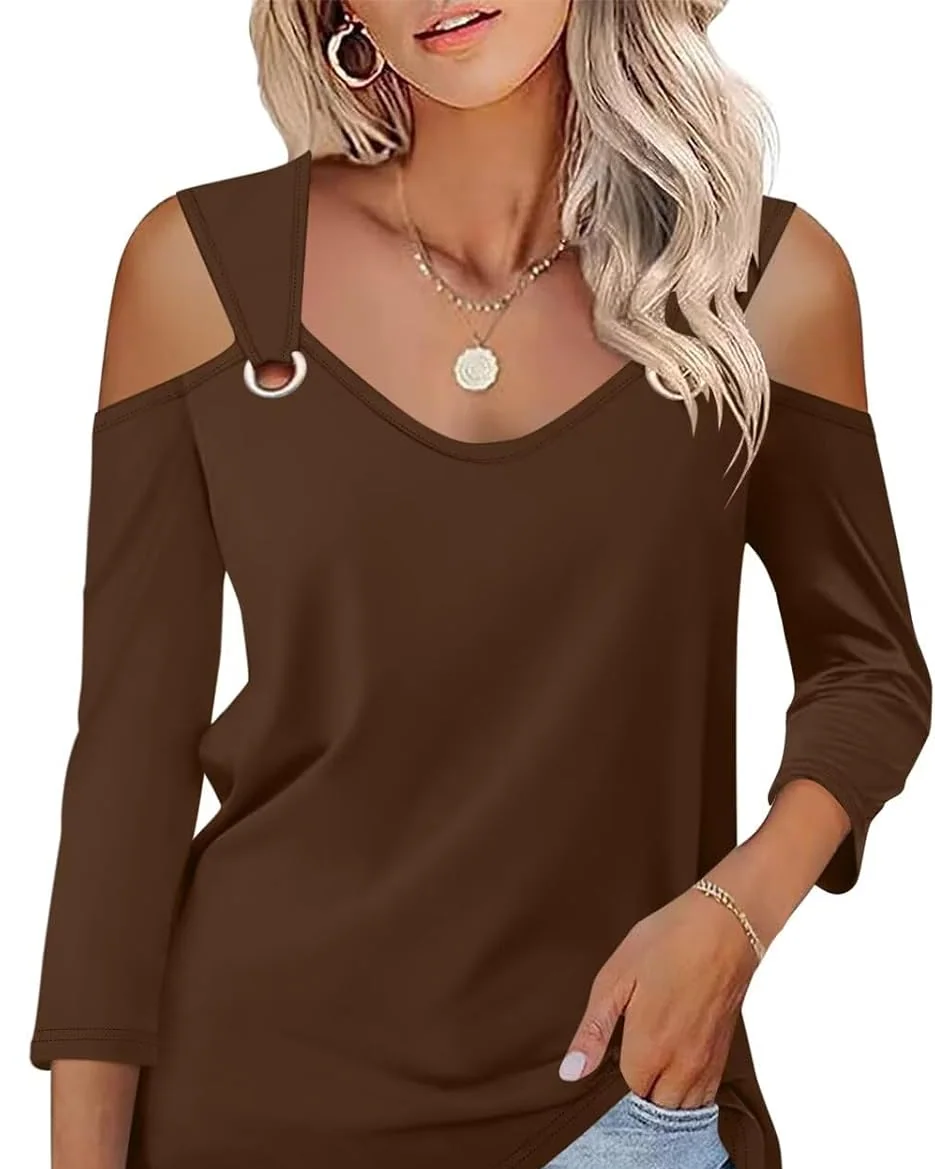 Minetom Women's V Neck 3/4 Sleeve Shirts Cold Shoulder Tops 2026 Fall Tees, Brown, Small, photo 8