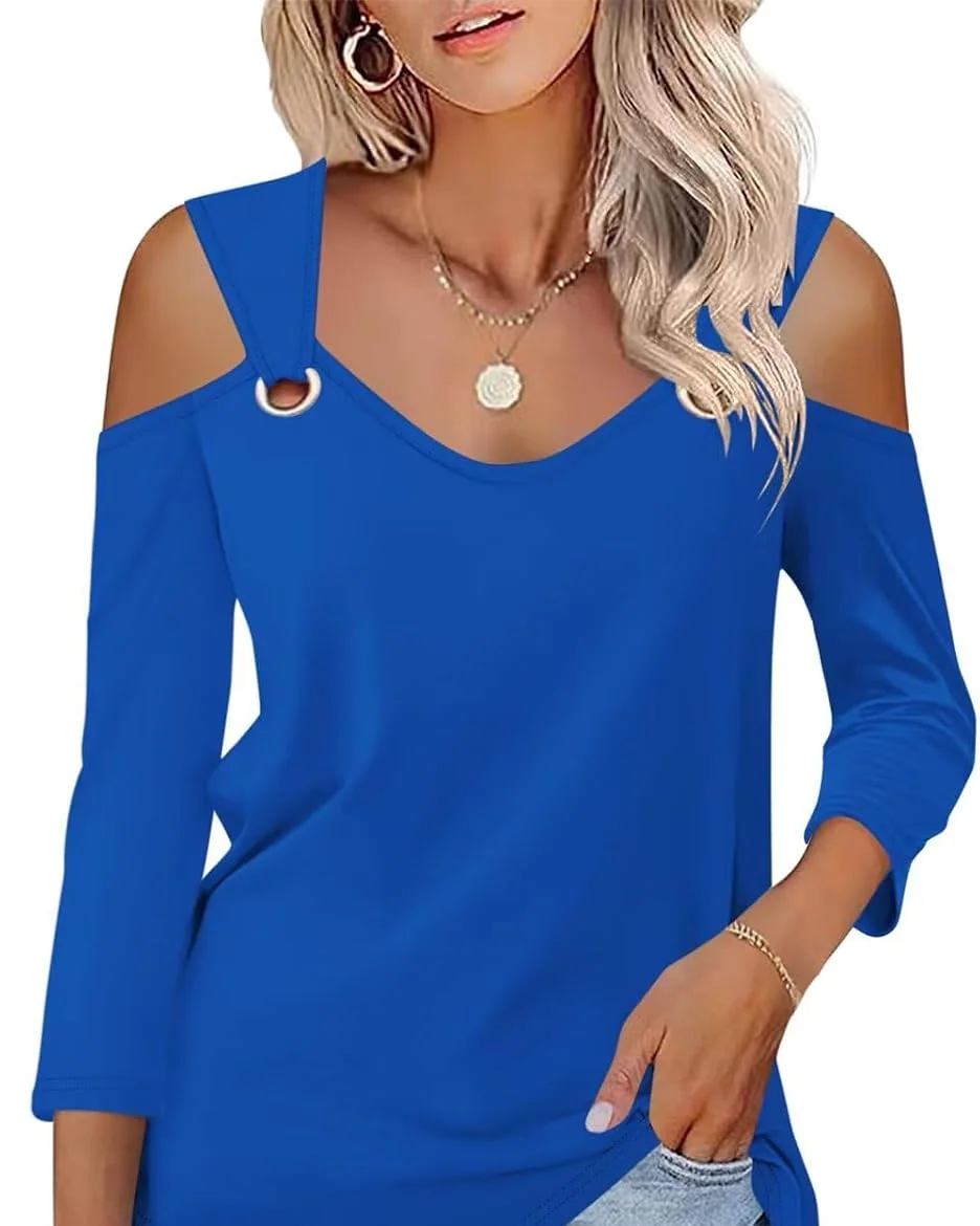 Minetom Women's V Neck 3/4 Sleeve Shirts Cold Shoulder Tops 2026 Fall Tees, Dark Blue, Small, photo 20