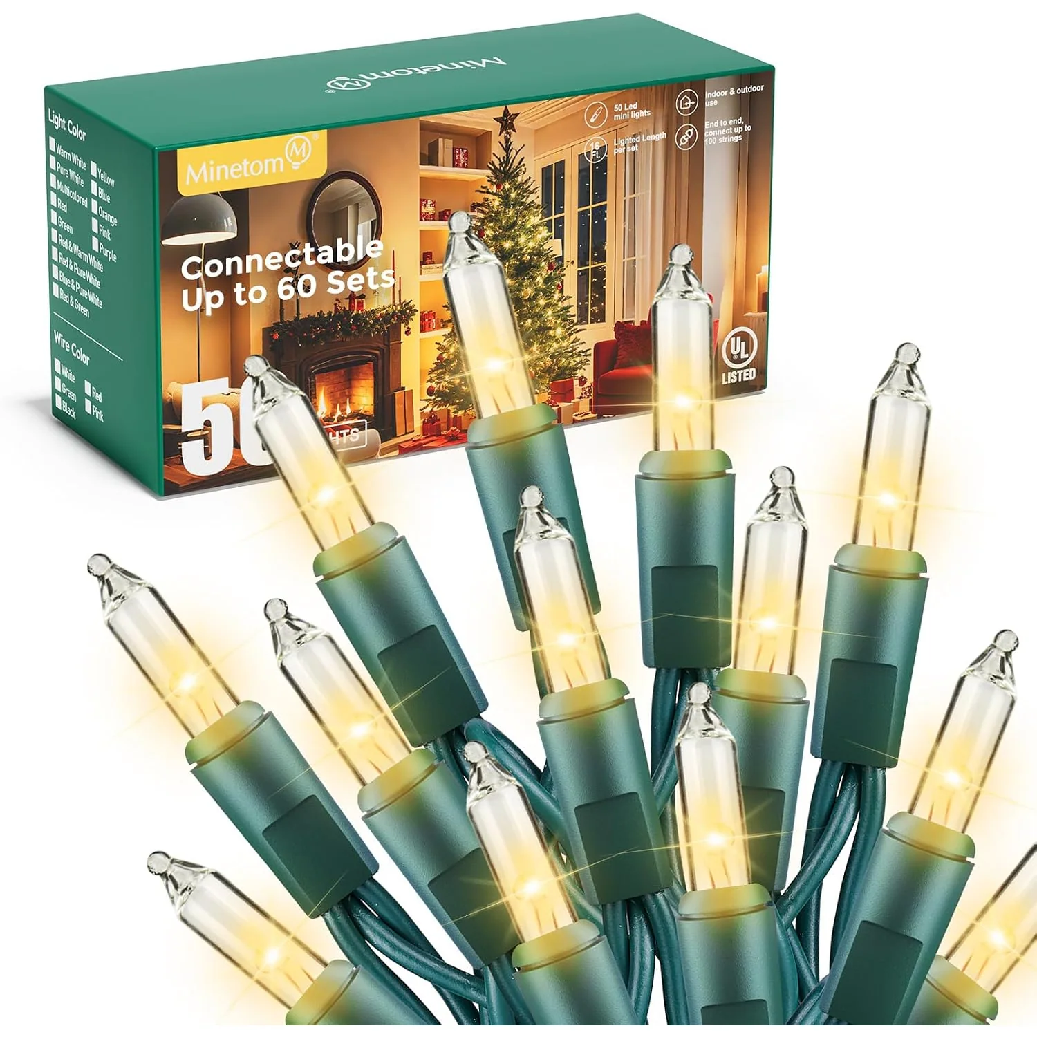 Minetom LED Clear Christmas String Lights, Clear Warm White-Green Wire, 50 Count-10 ft, photo 1
