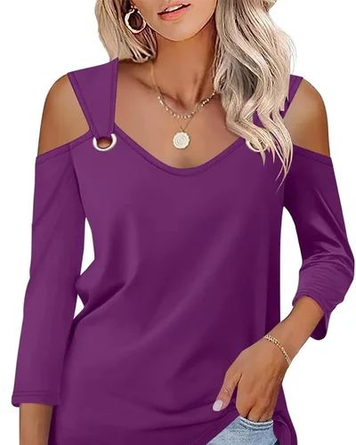 Minetom Women's V Neck 3/4 Sleeve Shirts Cold Shoulder Tops 2026 Fall Tees, thumbnail 6