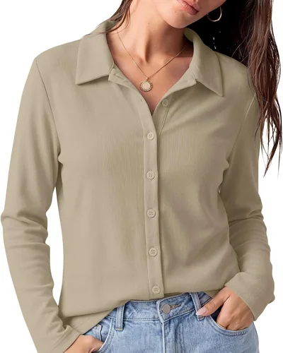 Minetom Womens long Sleeve Button Down Tops V Neck Collared Shirts, thumbnail 9