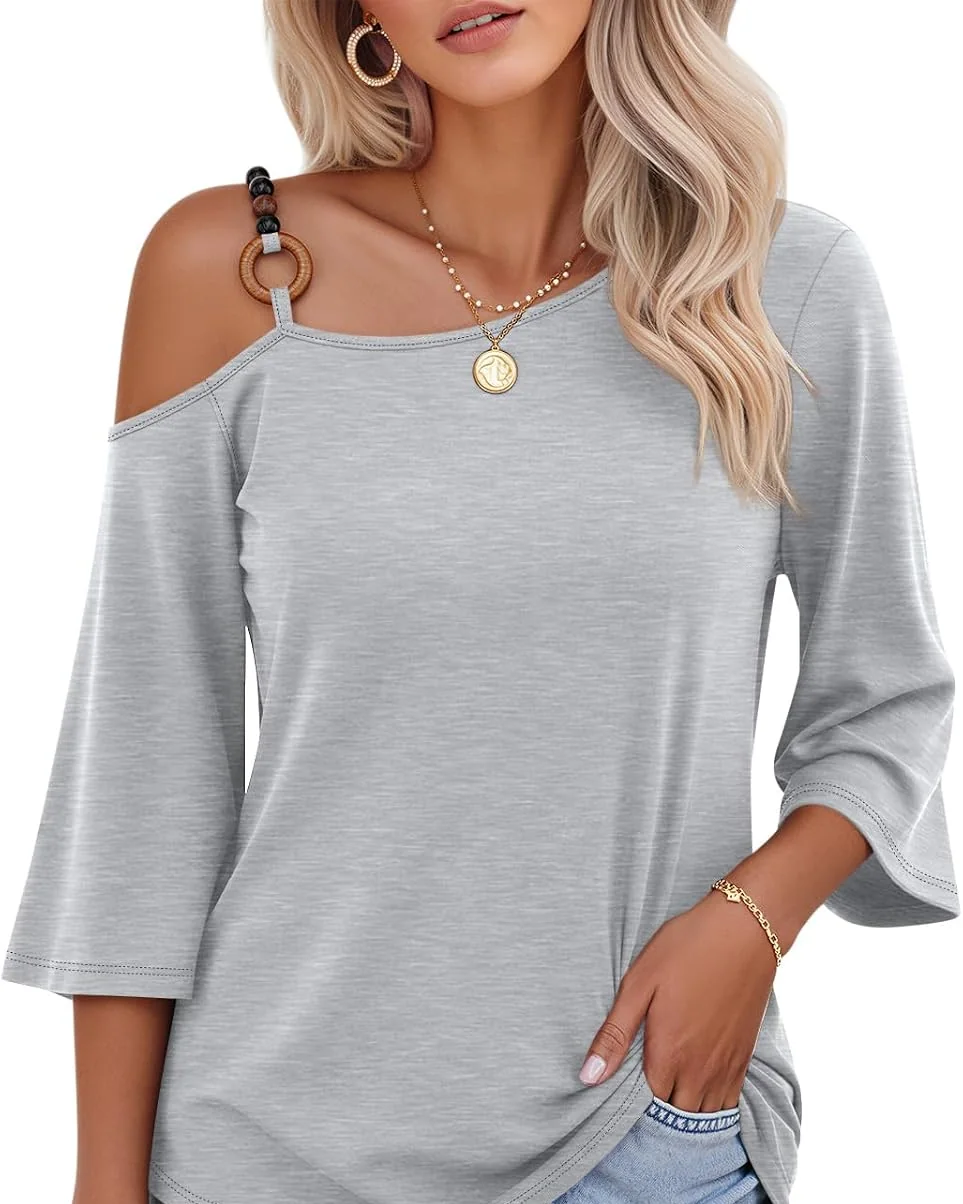 Minetom Women's Off the Shoulder Tops 3 4 Sleeve V Neck T Shirts Fall Tee, Light Grey, Small, photo 7