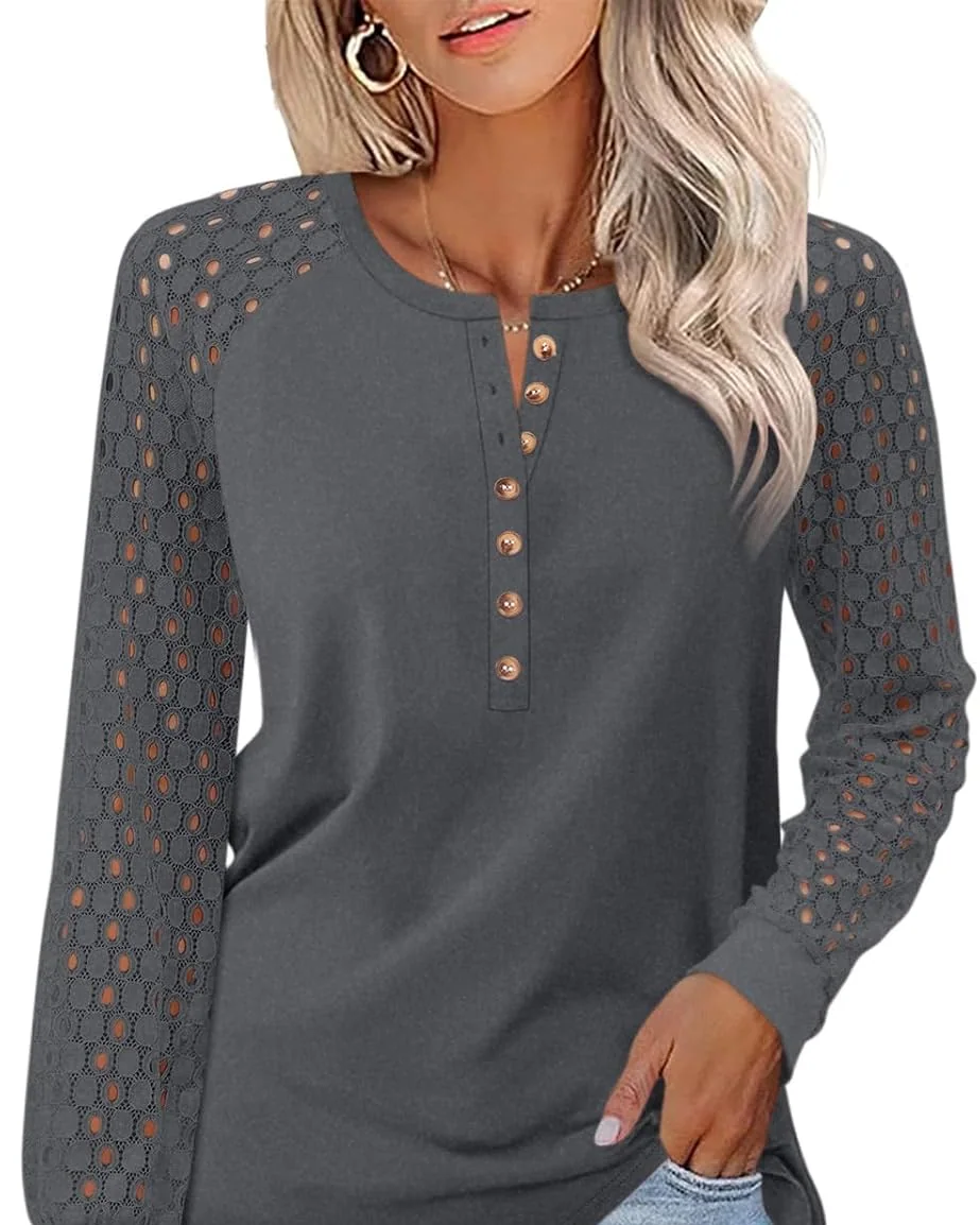 Minetom Women's Lace Long Sleeve Tops Henley Shirts Casual Blouses Tees, Charcoal, Small, photo 15