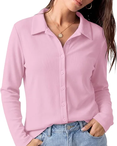 Minetom Womens long Sleeve Button Down Tops V Neck Collared Shirts, thumbnail 3