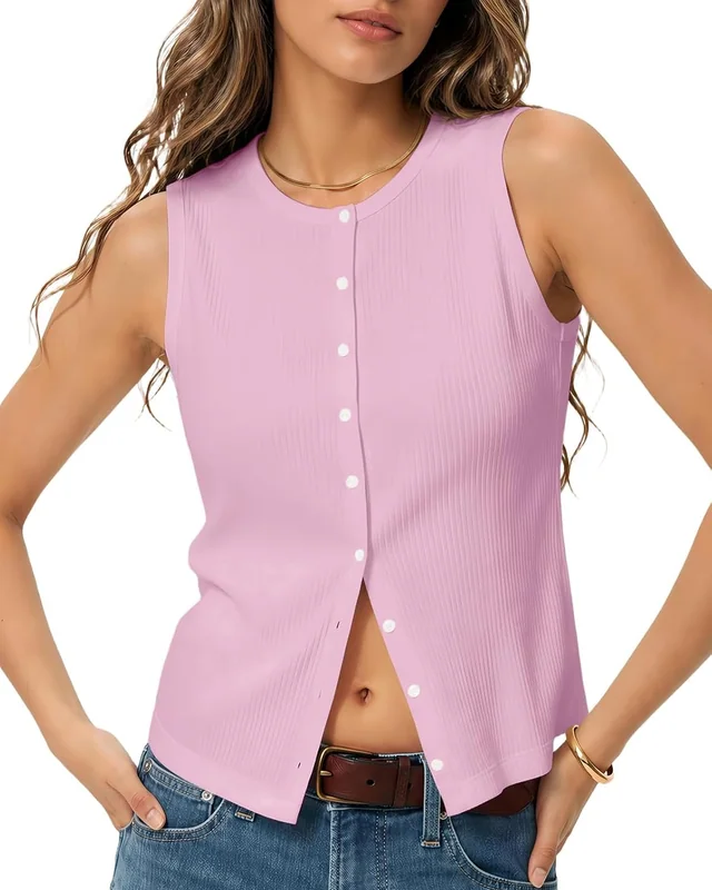 Minetom Womens Sleeveless Button Down Shirts Ribbed Tank Tops Pink