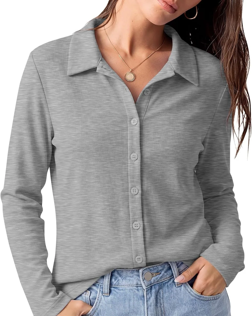 Minetom Womens long Sleeve Button Down Tops V Neck Collared Shirts, Light Grey, Small, photo 1