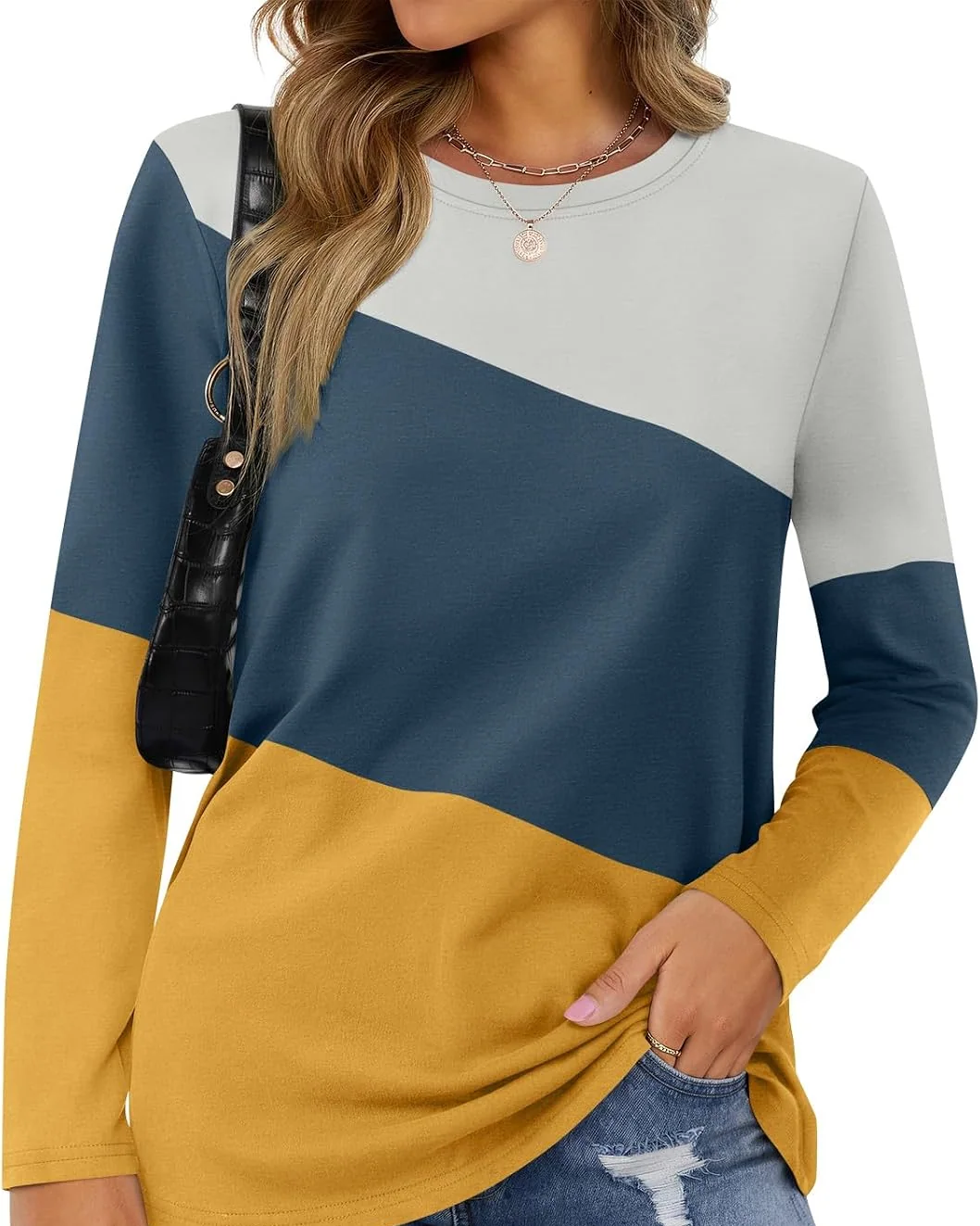 Minetom Women's Color Block Tops Casual Long Sleeve Shirts Pullover Tunic, Gray-navy Blue-yellow, X-Large, photo 9